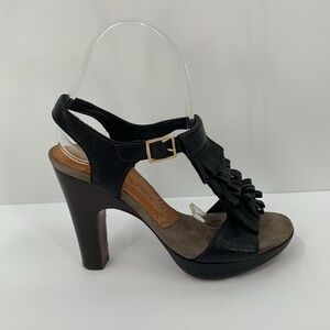 Chie Mihara fringe t-strap black leather sandal shoe platform heel 36.5 6 6.5